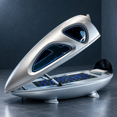 Open silver lay-flat capsule shown in full against a clean deep slate background