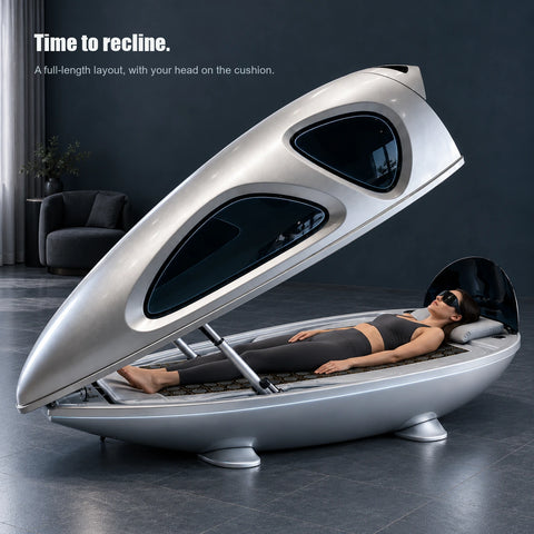 Woman reclining on the cushion inside the open silver capsule in a home room, wearing opaque black goggles; lights off