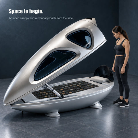 Woman standing on the floor beside the long side of the open silver capsule before entering