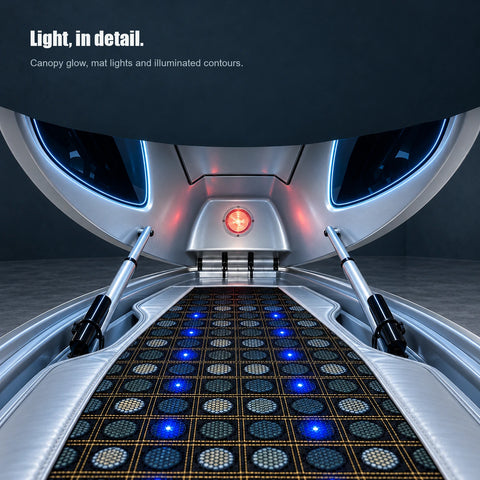 Open capsule interior showing the warm circular canopy light, blue mat points and illuminated window contours