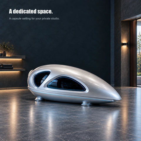 Closed silver capsule shown in a dedicated deep slate studio room with clear floor space around it